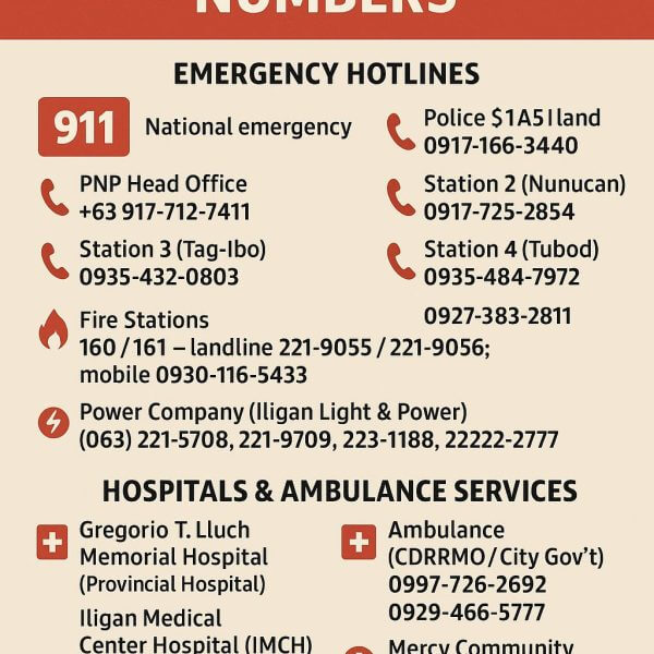 emergency hotline numbers and hospital contacts for iligan city are listed on a red and beige poster.