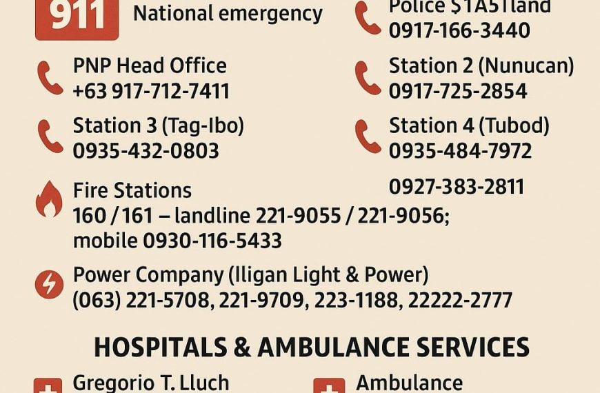 emergency hotline numbers and hospital contacts for iligan city are listed on a red and beige poster.