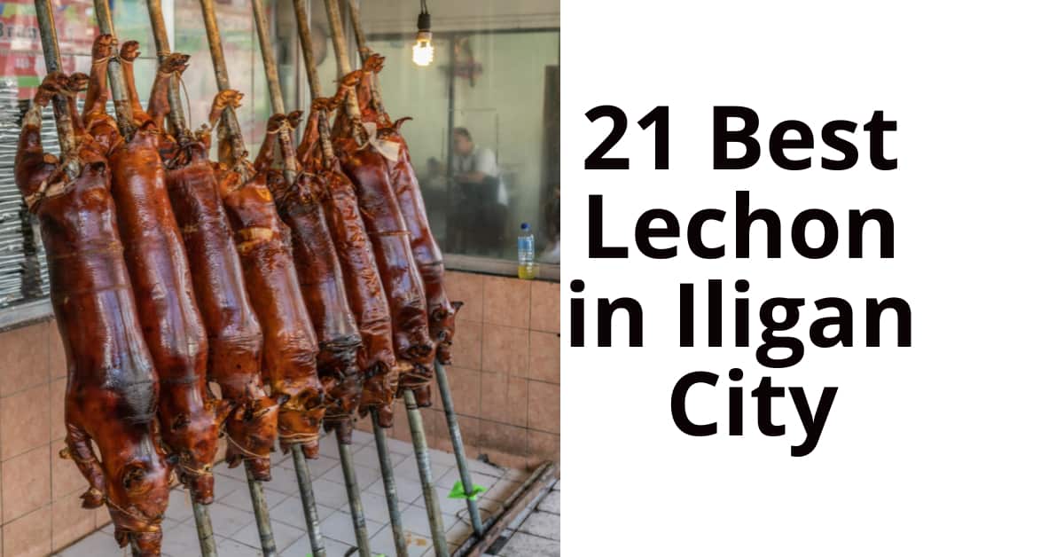 Rows of roasted lechon on poles beside text: Discover 21 Best Lechon in Iligan City.