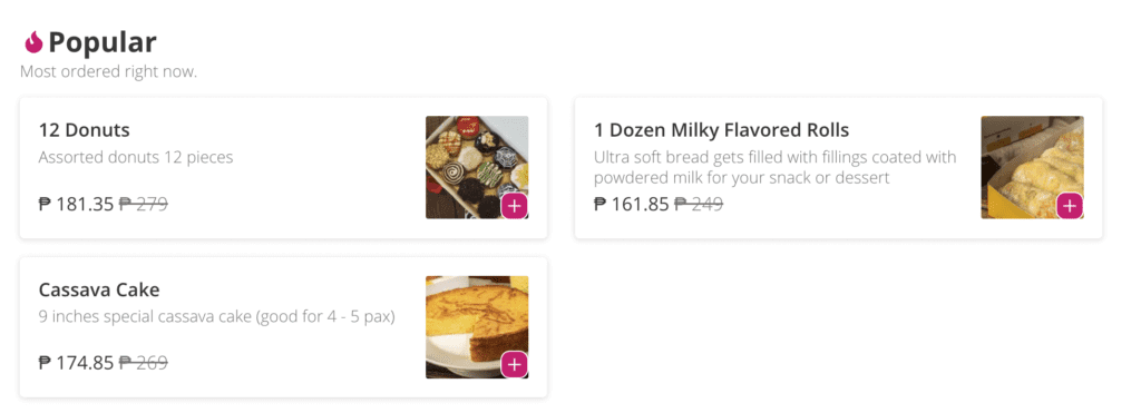 Menu of Iligan City: 12 donuts, milky rolls, cassava cake, priced in Philippine pesos.