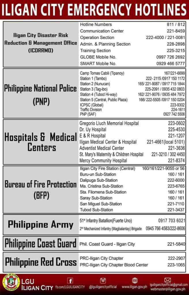 Iligan hotline directory: emergency numbers for police, hospitals, fire, and other vital city services.