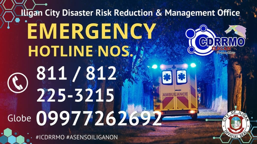 Poster with an ambulance at night, emergency hotlines, iligan hotline, and Disaster Risk Reduction Office logos.