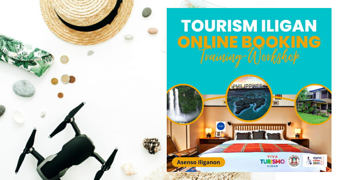 Travel collage with a beach hat, stones, drone, and Iligan City tourism images in a workshop banner.