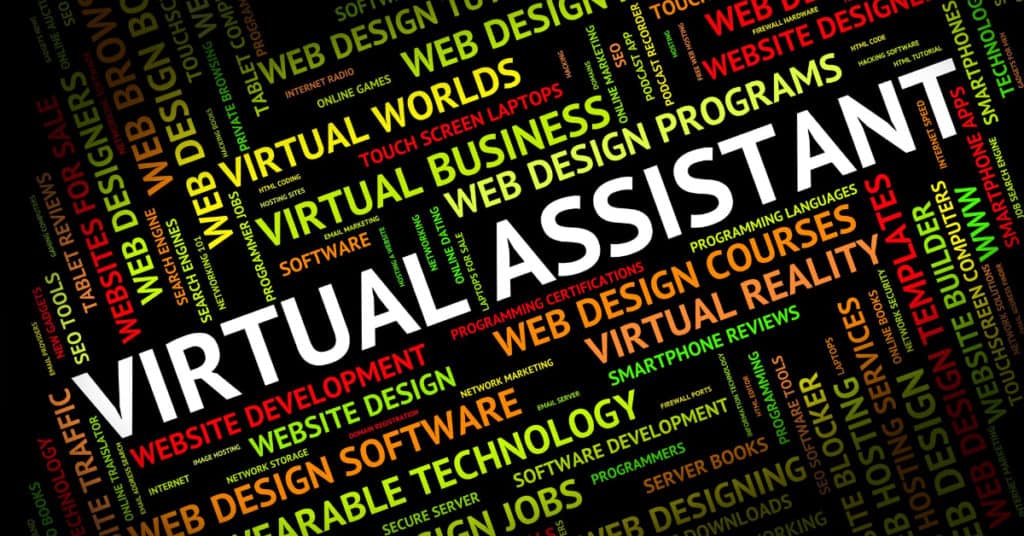 Black background with colorful words about Iligan Citys virtual assistants; VIRTUAL ASSISTANT bold in white at the center.