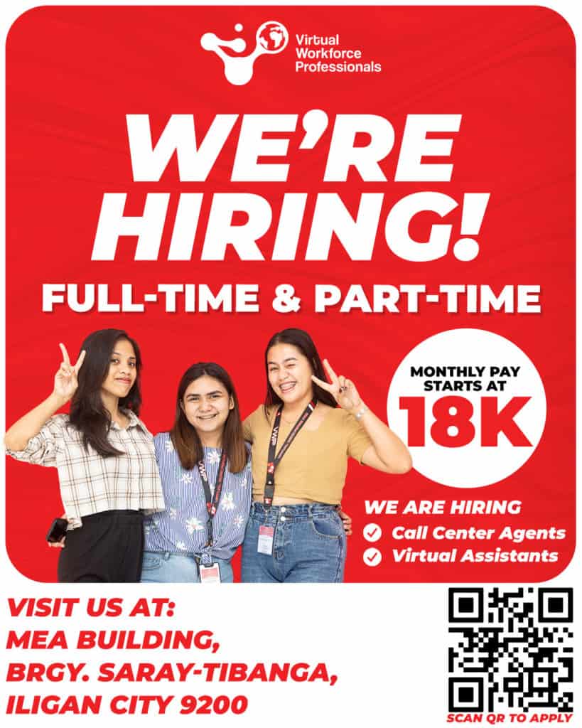 Three people smiling with lanyards, text: Were Hiring in Iligan City! Full-Time &amp; Part-Time. Starts at 18K.