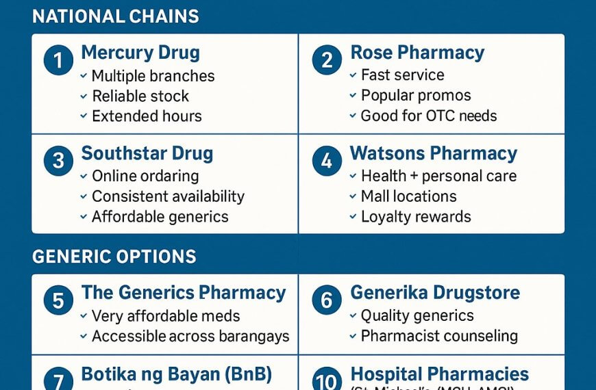 infographic of top 10 drugstores iligan city, grouped by type and key services to buy medicines iligan city.