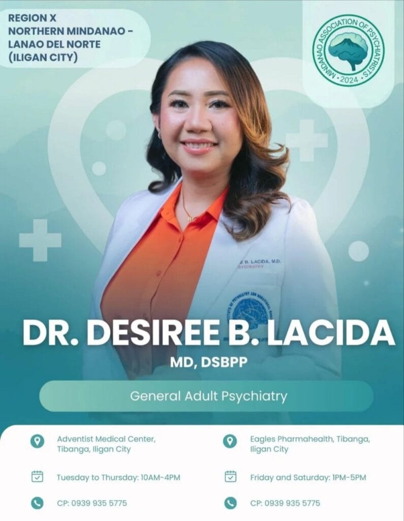 smiling female doctor in white coat stands before blue backdrop with psychiatry info and contact details displayed.