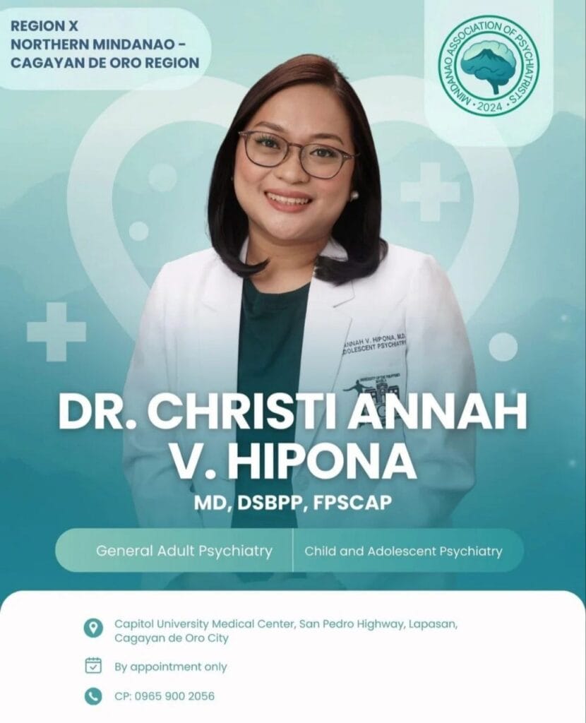 a smiling woman in a white coat promotes psychiatry services with contact info and clinic location displayed.