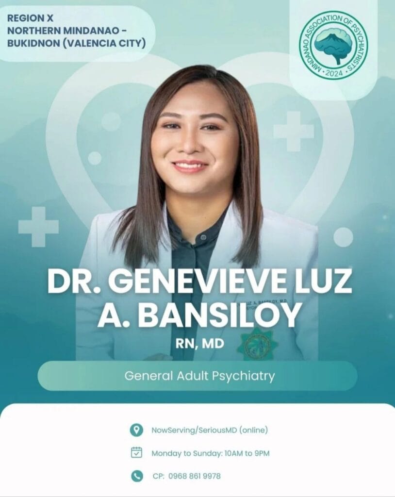 a woman in a white coat smiles, with text: dr. genevieve luz a. bansiloy, general adult psychiatry.