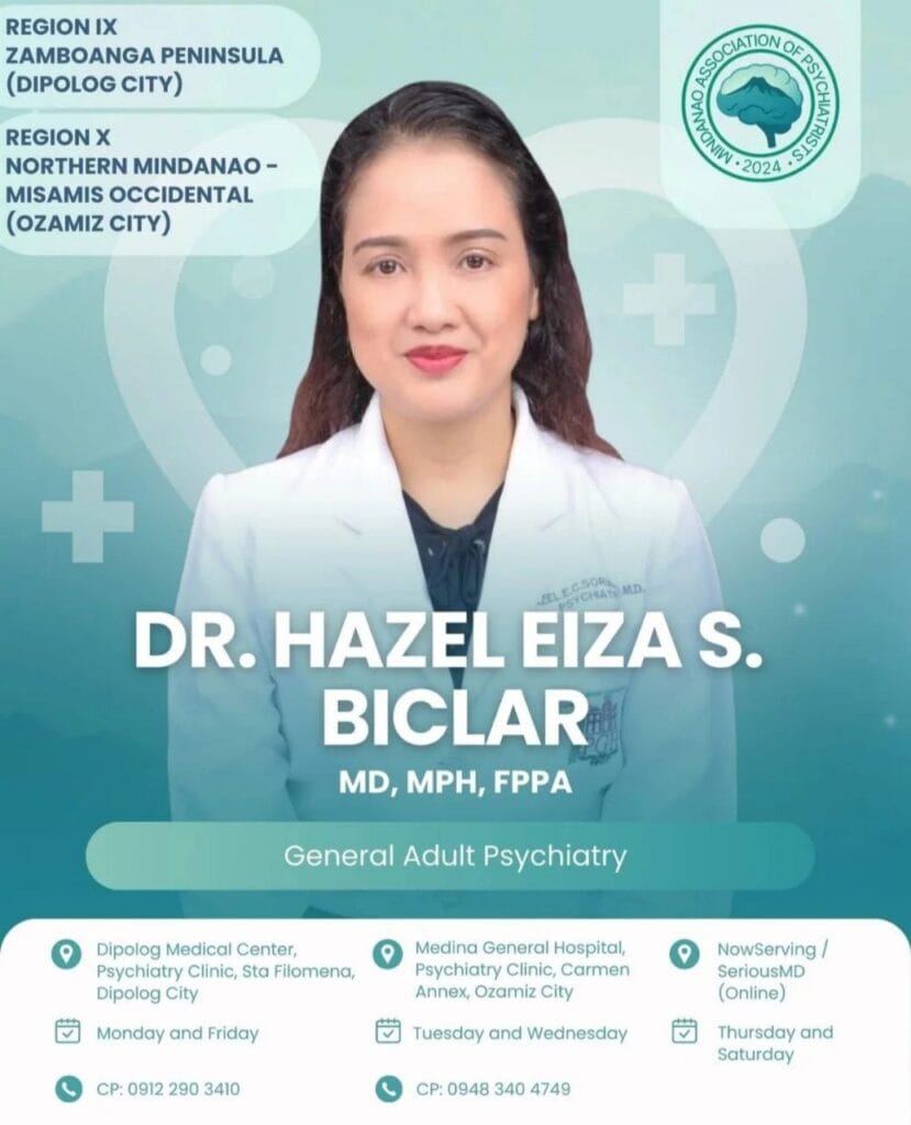 professional headshot of dr. hazel eiza s. biclar with psychiatry credentials and clinic info on a teal background.