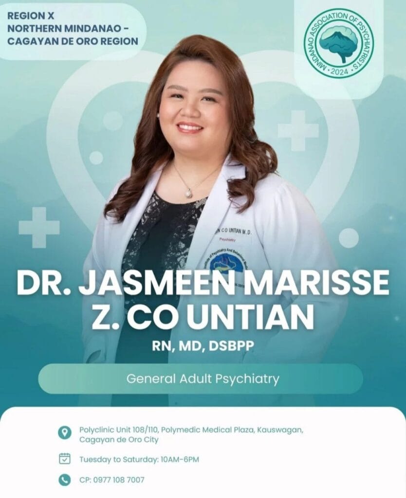 smiling female psychiatrist in a white coat, clinic info and contact details shown on a teal background.