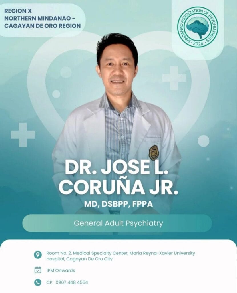 a male doctor in a white coat smiles; text reads dr. jose l. coruña jr., general adult psychiatry.