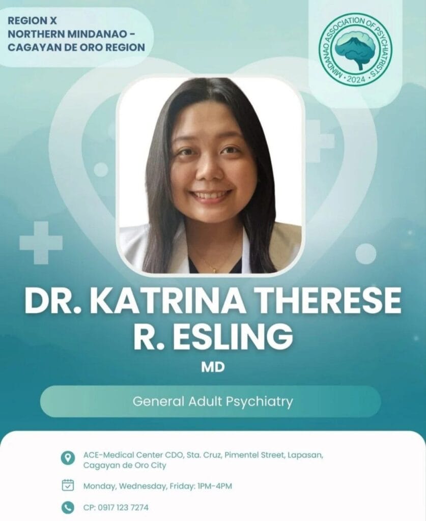 portrait of dr. katrina therese r. esling, general adult psychiatry, with contact info and clinic schedule shown.