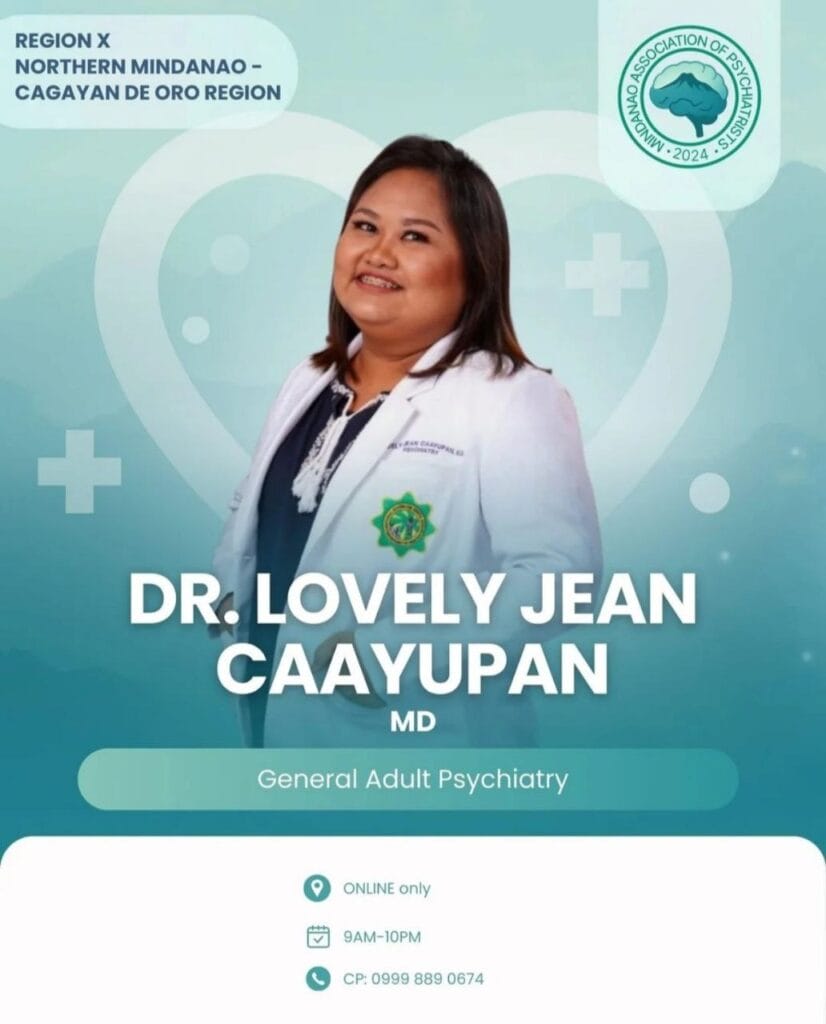 a woman in a white coat smiles in front of medical graphics; text reads dr. lovely jean caayupan, general adult psychiatry.