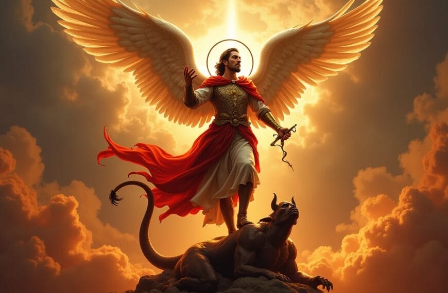 an armored angel with glowing wings stands over a beast, echoing the spirit of iligan fiesta 2025.