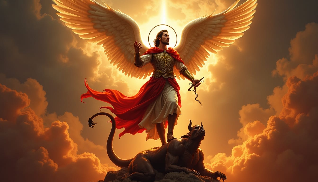 an armored angel with glowing wings stands over a beast, echoing the spirit of iligan fiesta 2025.