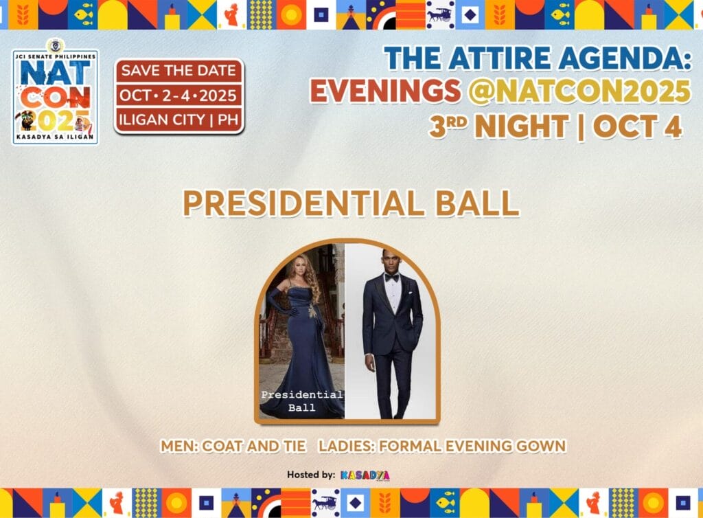 poster for natcon 2025: a formal ball by jci senate philippines, with a woman in a gown and man in a suit.