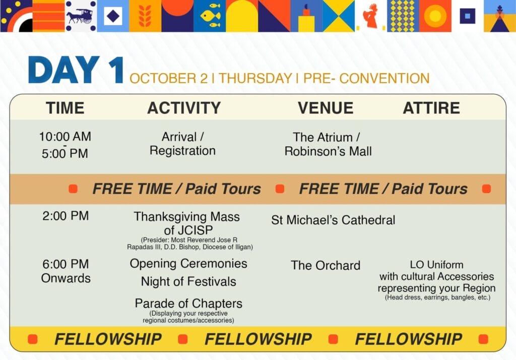 day 1 natcon 2025 schedule: times, activities, venues, and attire in a table by jci senate philippines.