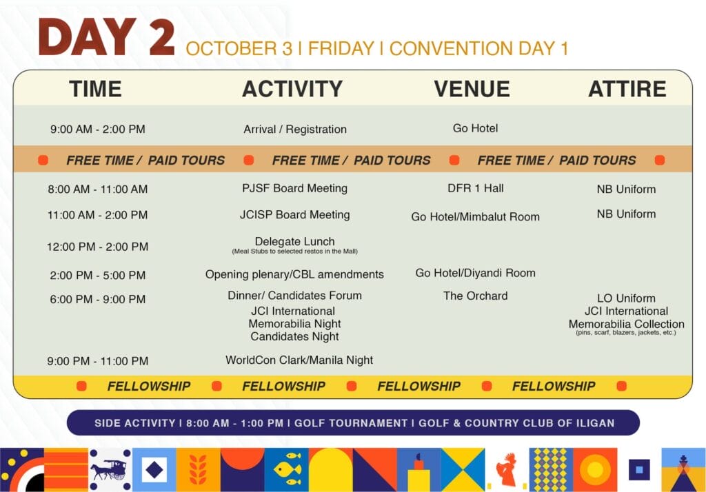 colorful day 2 event schedule board for natcon 2025 with time slots, activities, venues & attire details.