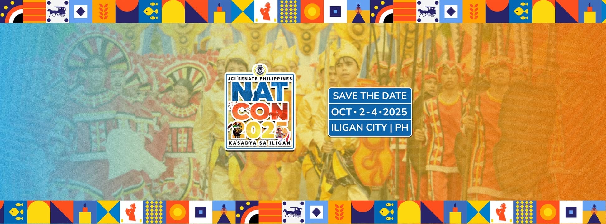 colorful festival scene with jci senate philippines natcon 2025 logo and save the date: oct. 2 4, iligan city, ph.