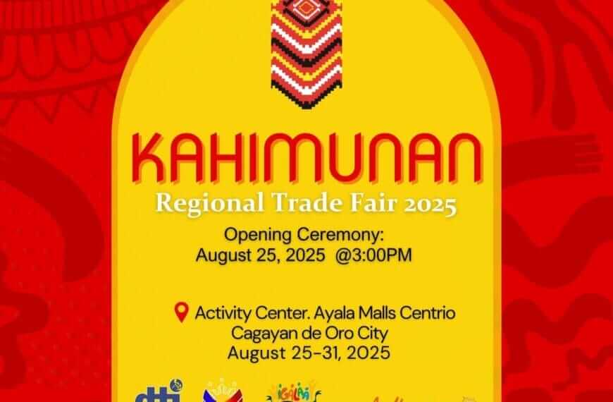 event poster for kahimunan regional trade fair 2025 with event details and tribal weave design on red background.