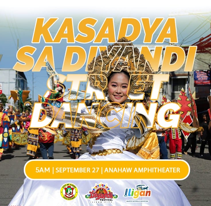 a smiling girl in a gold iligan fiesta 2025 costume leads a street dance parade at the diyandi festival.