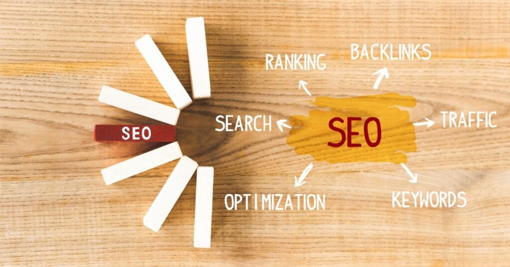 seo concept with dominoes on wood, arrows to ranking, backlinks, keywords&mdash;plus localseo.ph seo services.