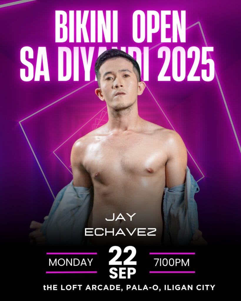 a shirtless man poses confidently; bikini open highlights diyandi 2025, sep 22, in iligan city.