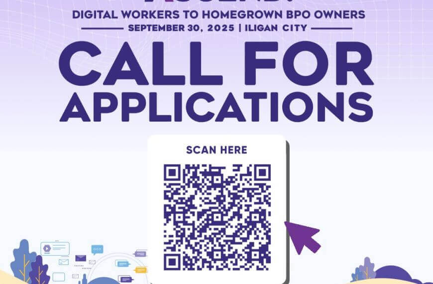 poster with “call for applications,” iligan bpo event details, qr code, and ascend team working outdoors.