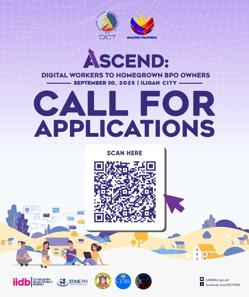 poster with “call for applications,” iligan bpo event details, qr code, and ascend team working outdoors.