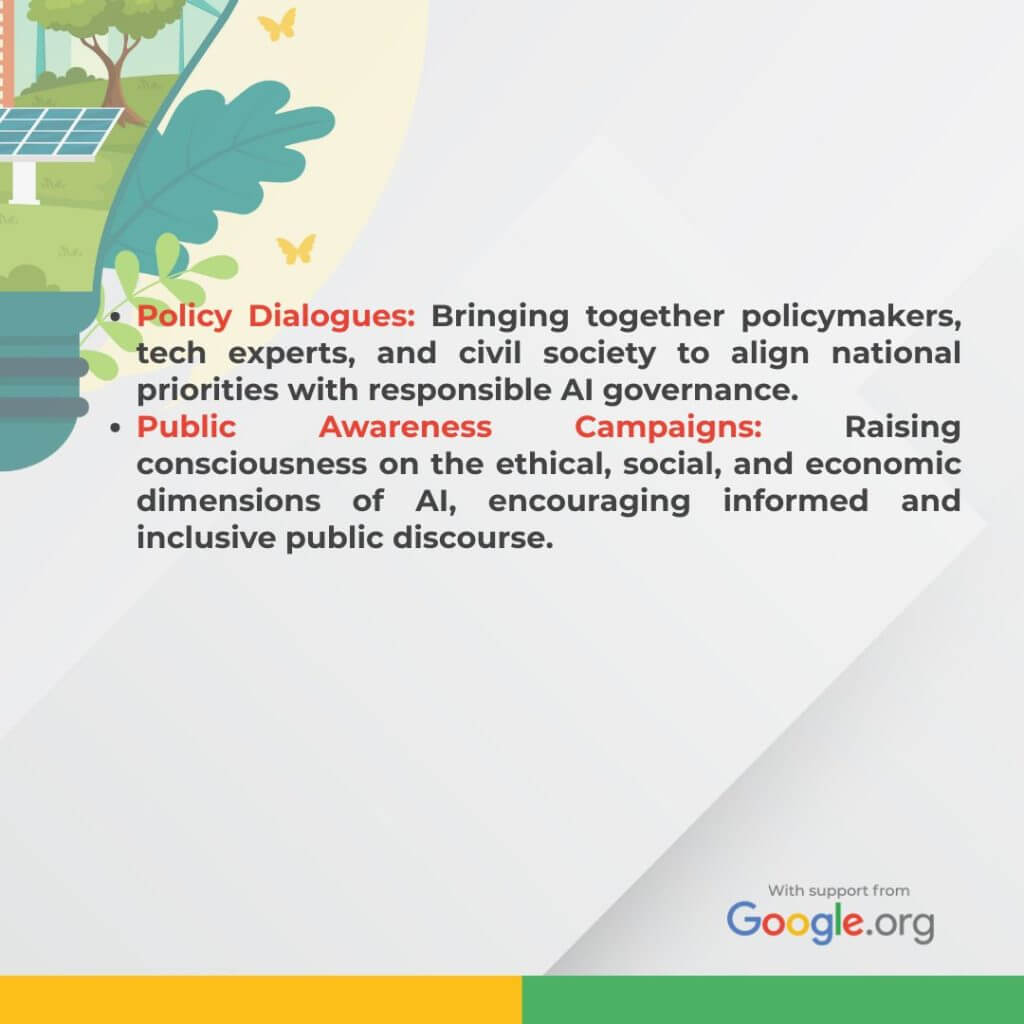 text about ai governance, public awareness, and the ai ready program on a light background with plants and google.org logo.