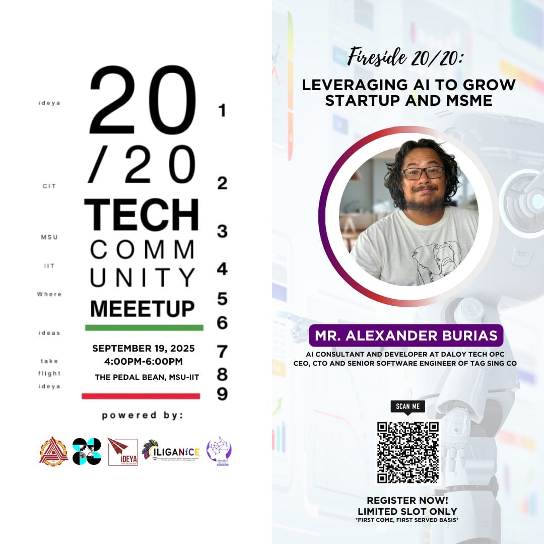 event poster for a tech meetup on ai growth, featuring speaker alexander burias and event details.