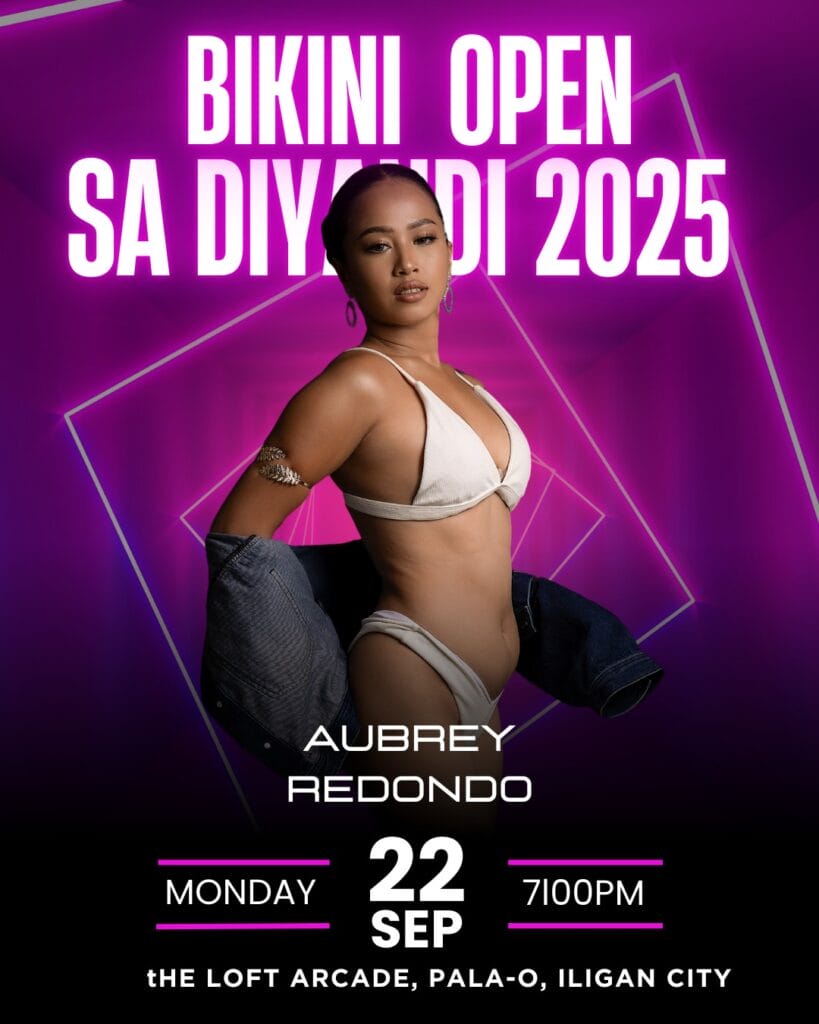 a woman in a white bikini poses confidently on a neon lit bikini open poster for diyandi 2025 in iligan city.