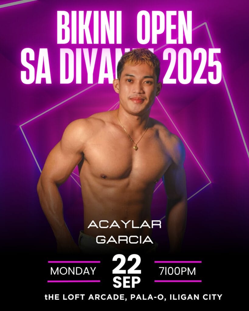 muscular man posing shirtless with bikini open and diyandi 2025 event details on a purple geometric background.