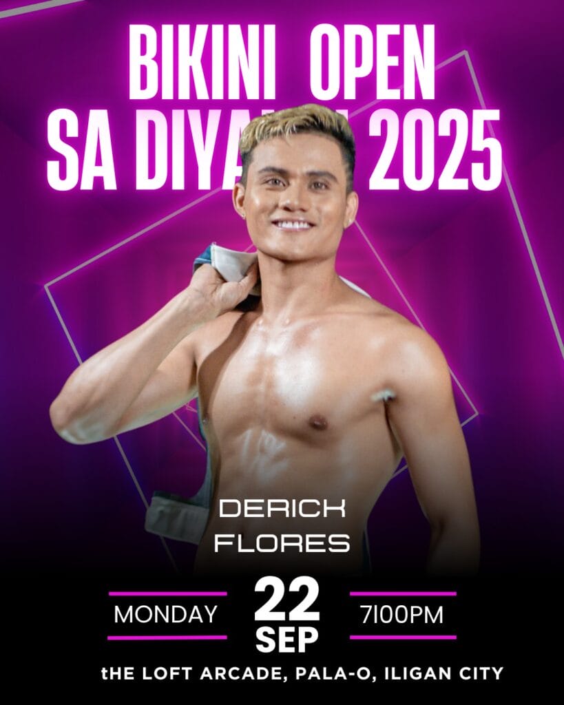 smiling man in swim trunks poses on bikini open event poster for diyandi 2025 in iligan city, with details below.