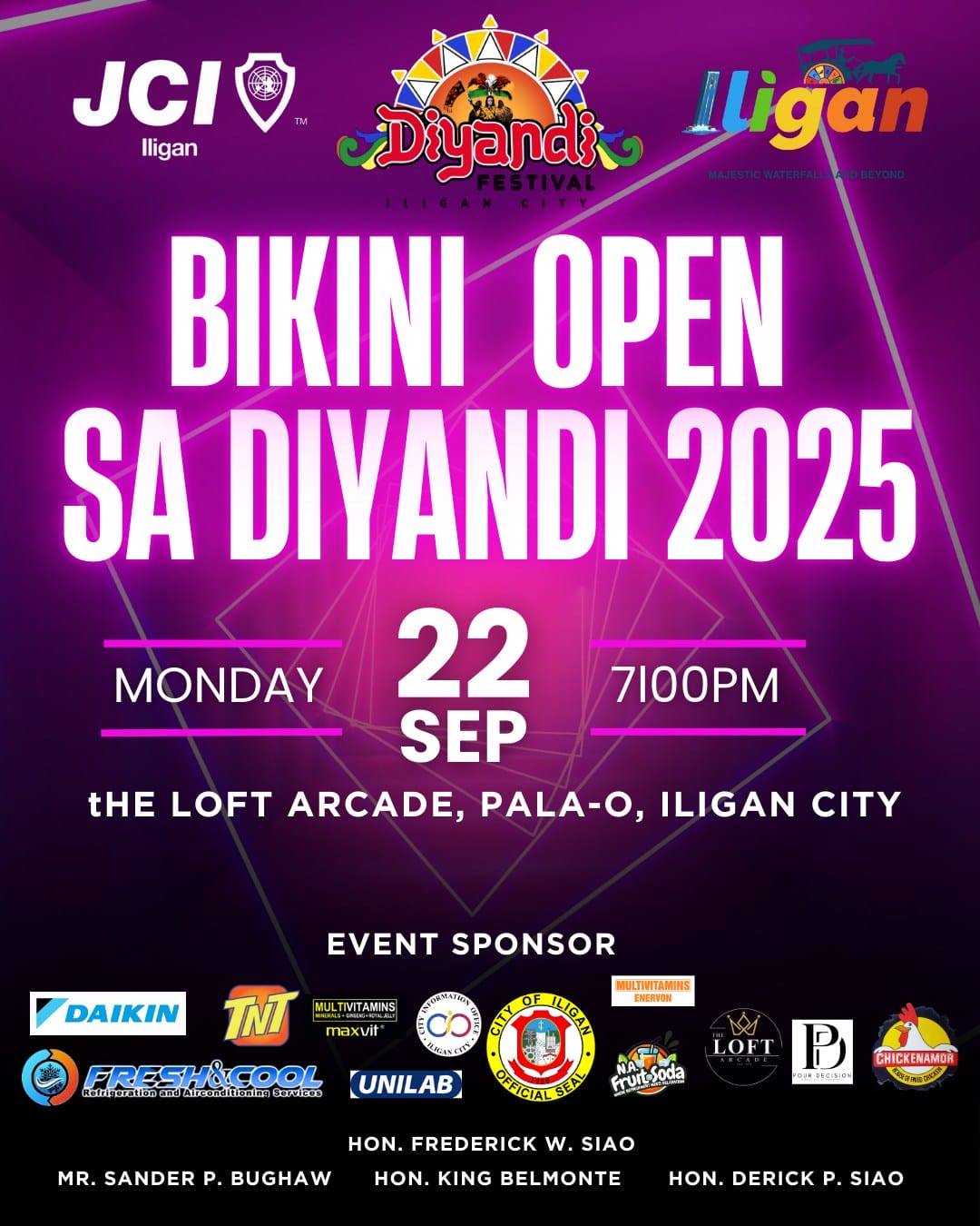 colorful bikini open poster for diyandi 2025 on sept 22, 7 pm at the loft arcade, iligan city.