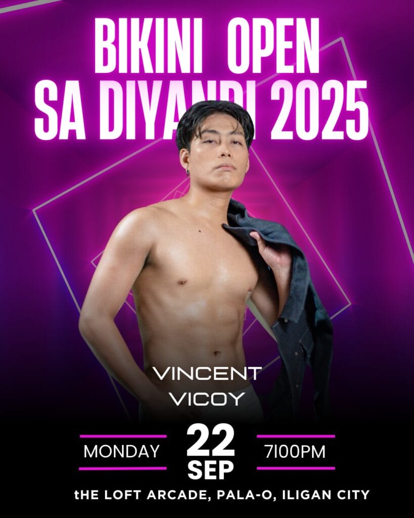 man posing shirtless with jacket, bold text reads bikini open sa diyandi 2025, iligan city event details below.