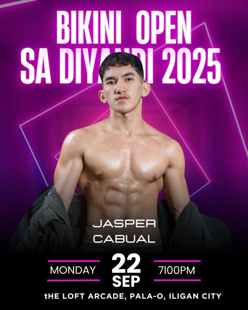a shirtless man poses confidently on a purple bikini open event poster for diyandi 2025 in iligan city.