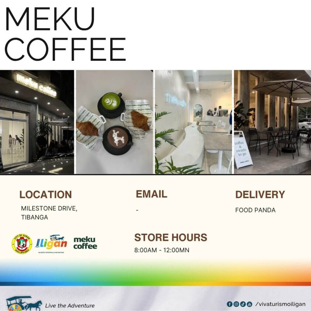 three photos of meku coffee in iligan city: exterior, drinks with pastries, and modern co working space seating.