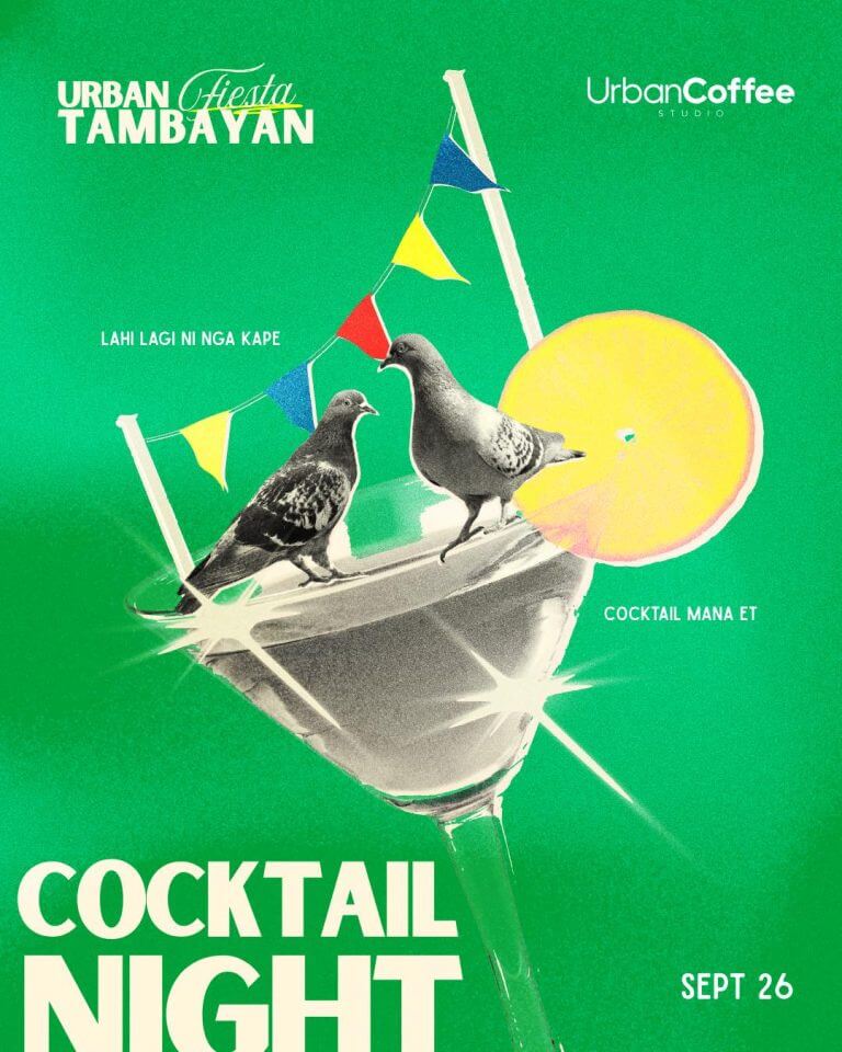 a martini glass with two pigeons, flags, a lemon slice, and cocktail straws on a green background.