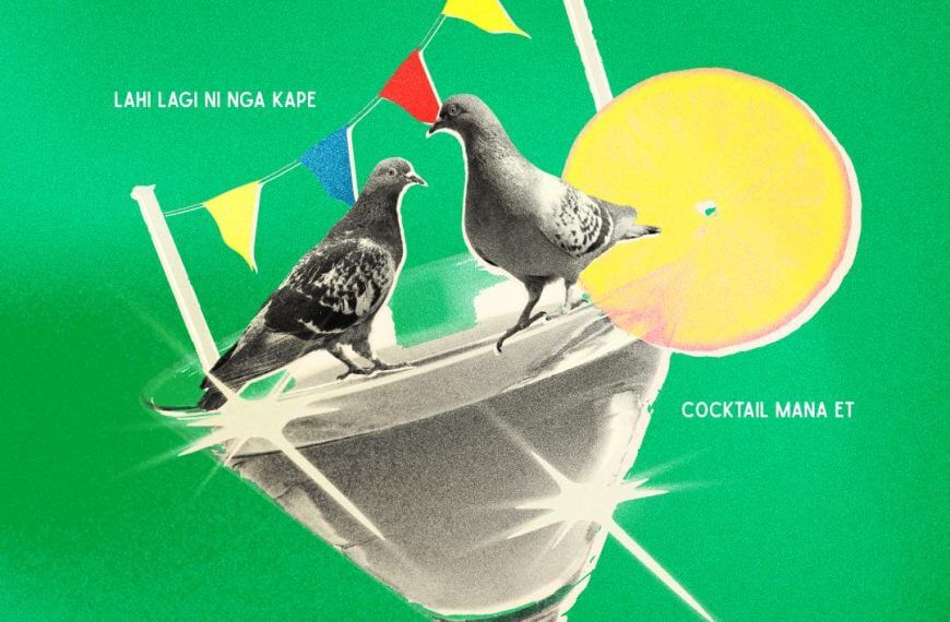 a martini glass with two pigeons, flags, a lemon slice, and cocktail straws on a green background.