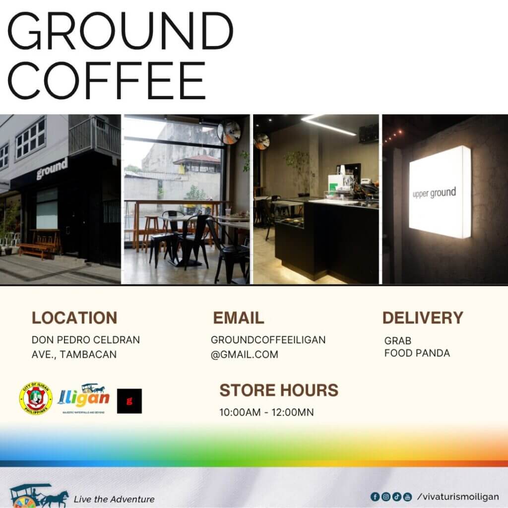 cafe interior in iligan city with wooden tables, modern decor, and info panels for coffee shops and co working spaces.