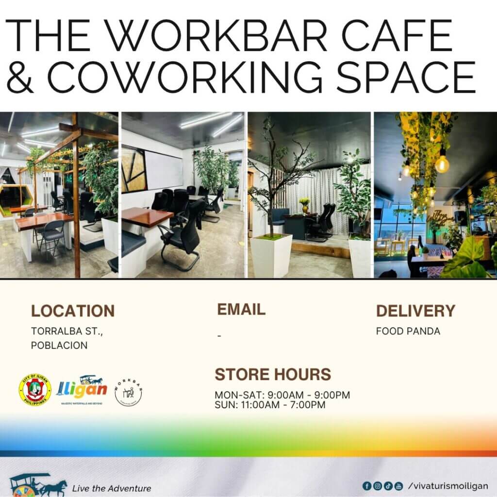 modern co working space in iligan city with desks, plants, bright decor; info on hours and delivery available.