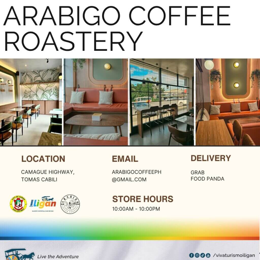 a collage of a modern caf&eacute; interior in iligan city with seating and contact details for arabigo coffee roastery.