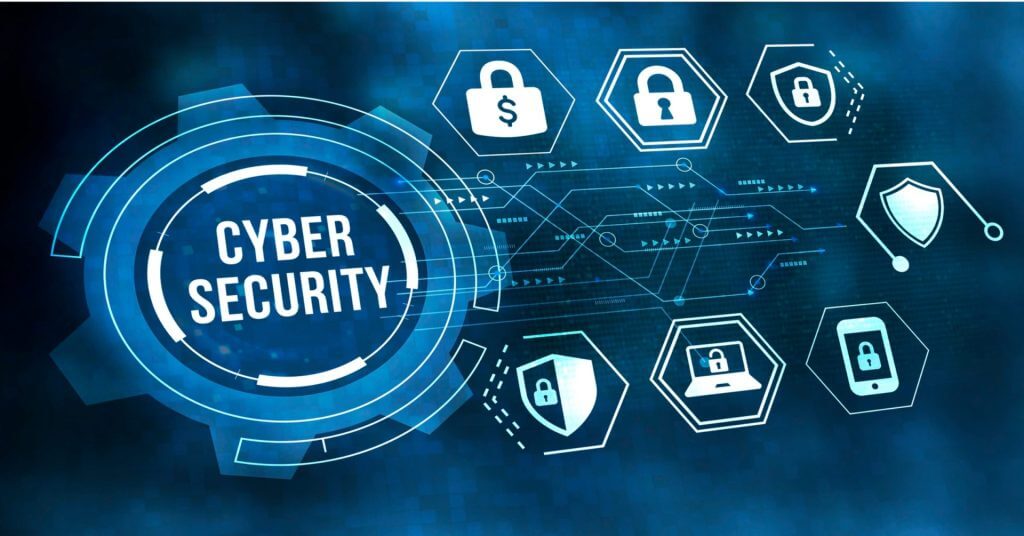 blue digital interface with cyber security text and icons, illustrating a step by step cybersecurity guide.