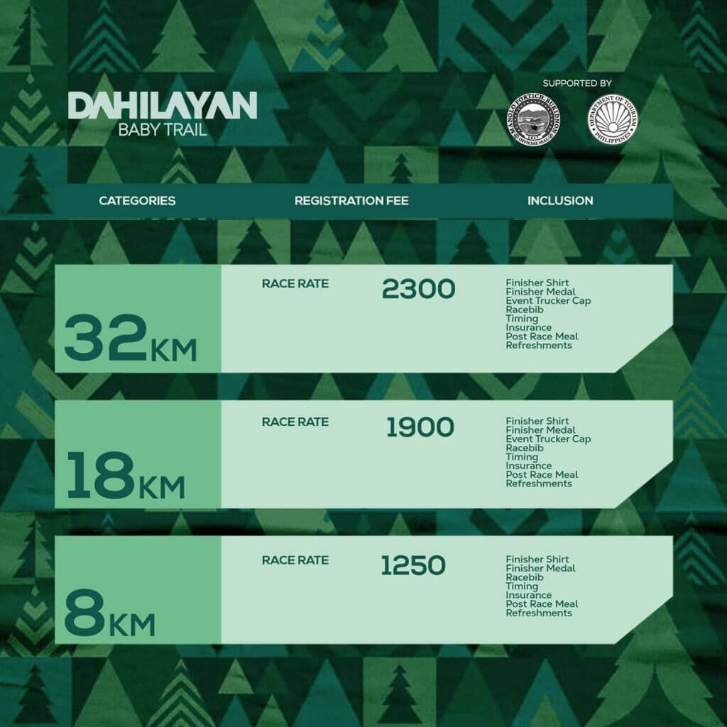 race event info poster with green forest theme; features dahilayan baby trail adventure details and registration fees.