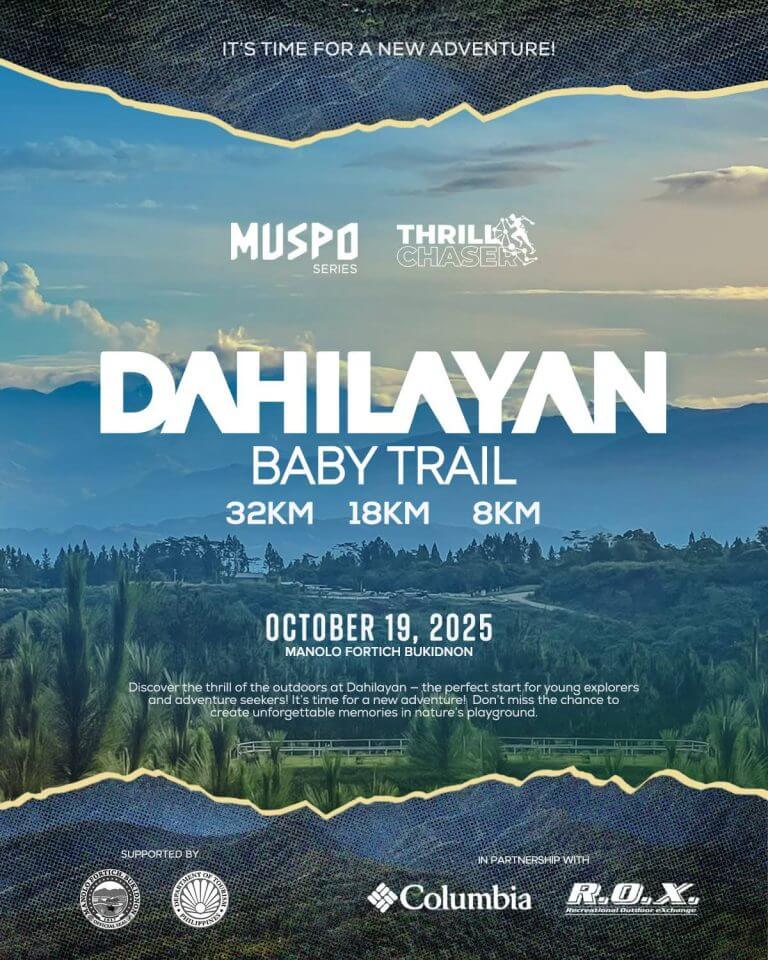 dahilayan baby trail event poster with bukidnon mountain landscape, event details, and sponsor logos.