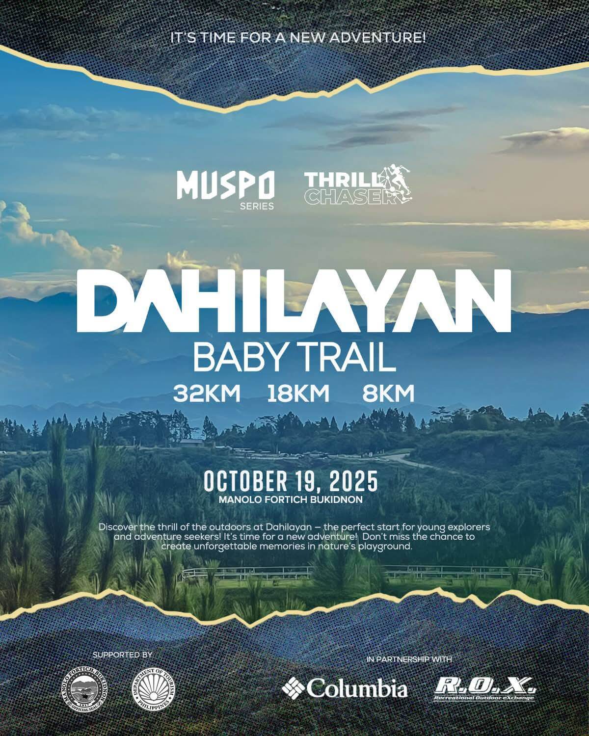 dahilayan baby trail event poster with bukidnon mountain landscape, event details, and sponsor logos.
