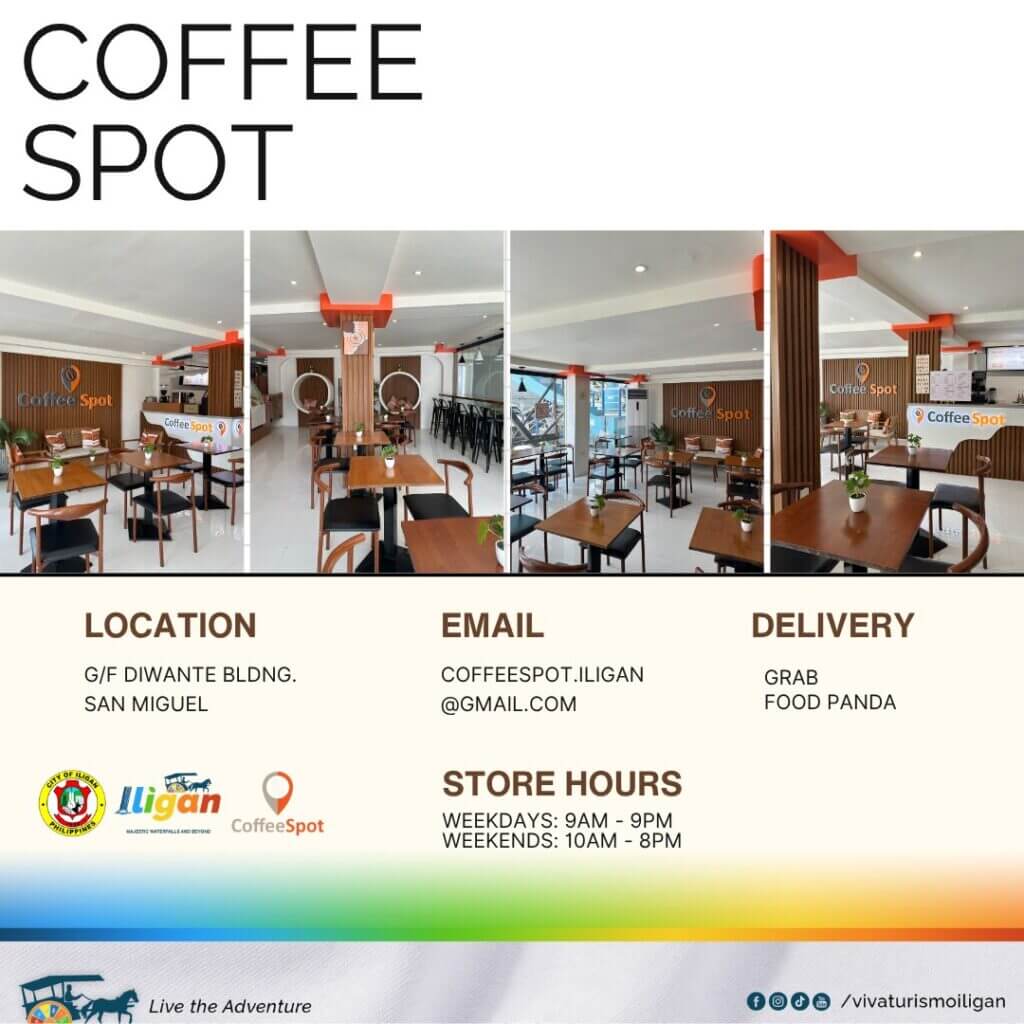 collage of a modern iligan city coffee shop, cozy seating, caf&eacute; logo, info, hours, and delivery options shown.