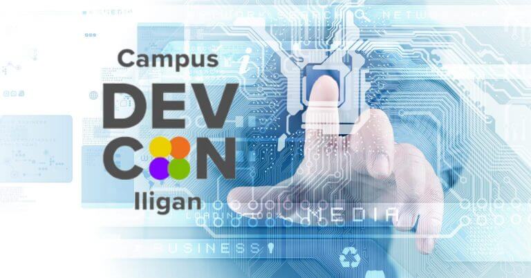 a hand touches a digital interface as tech leaders and students connect at campus devcon iligan 2025.